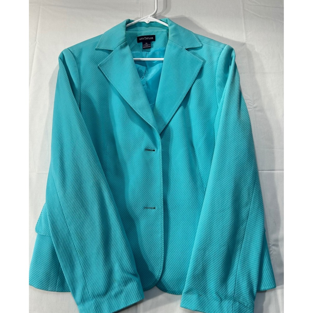 Ann Taylor Turquoise Blue Textured Cotton 2 Button Blazer Jacket Size 16